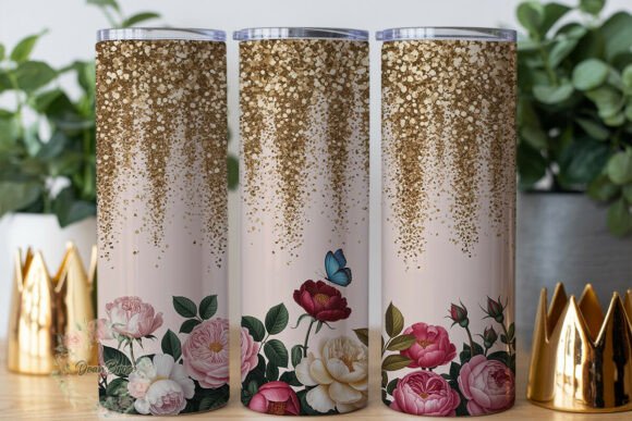 Pink Floral Gold Glitter 20oz Wrap
