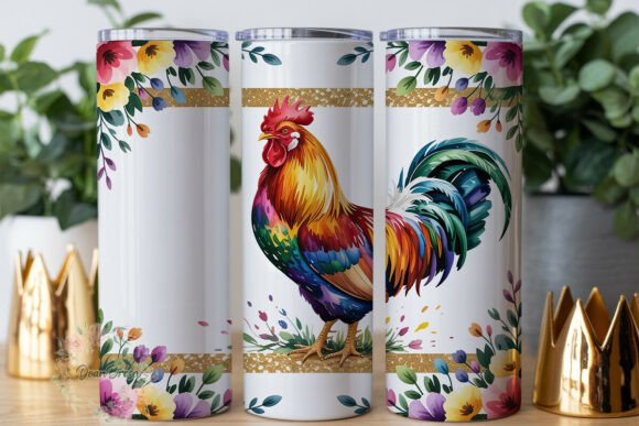 Watercolor Rooster Glitter Tumbler Wraps Graphics
